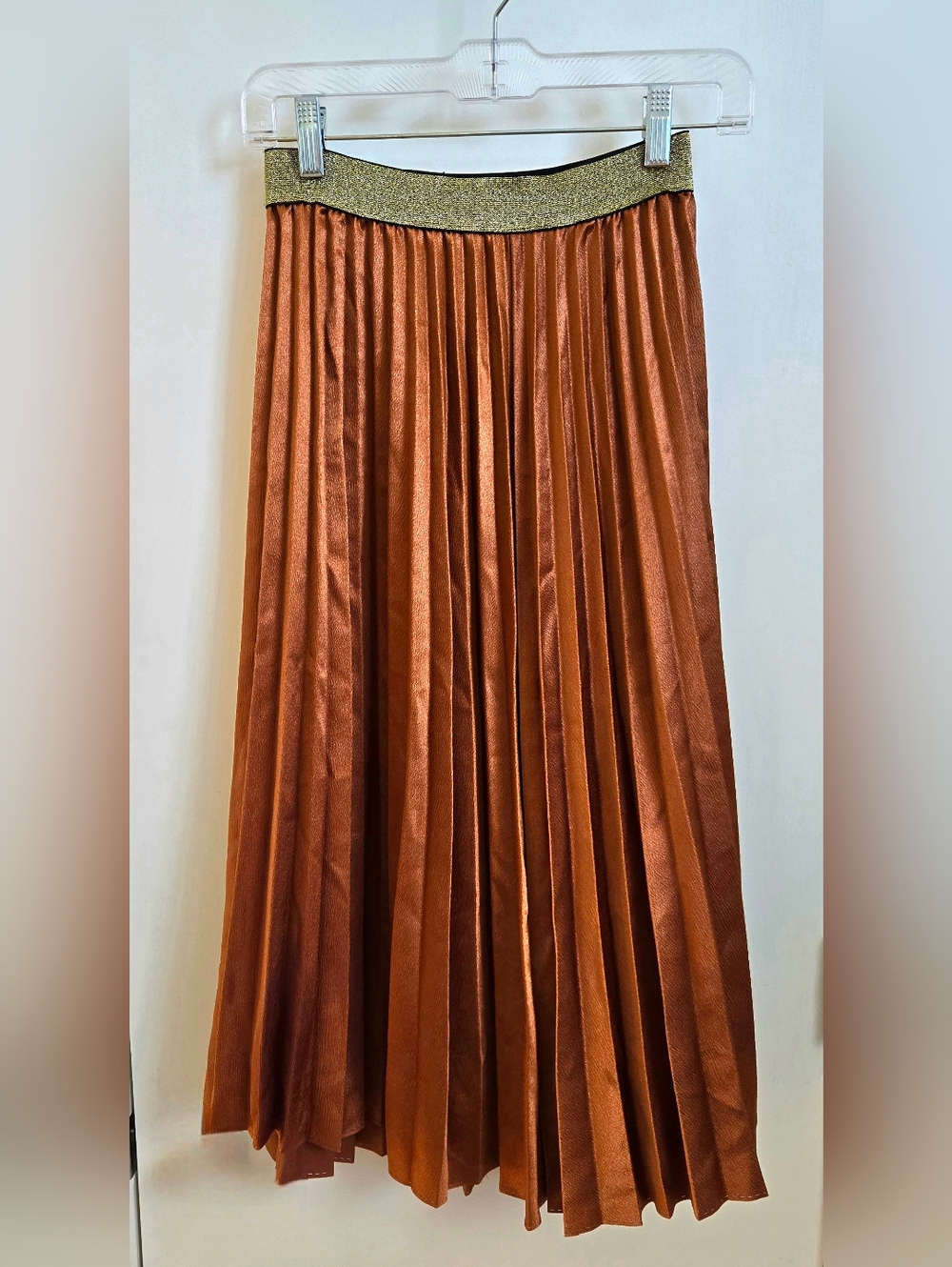 Chartou Copper Bronze Metallic Pleated Accordion Midi Skirt